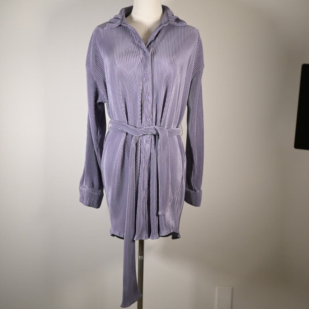 forever 21 Lavender Plisse‎ Button Down Belted Mini Shirt Dress LS